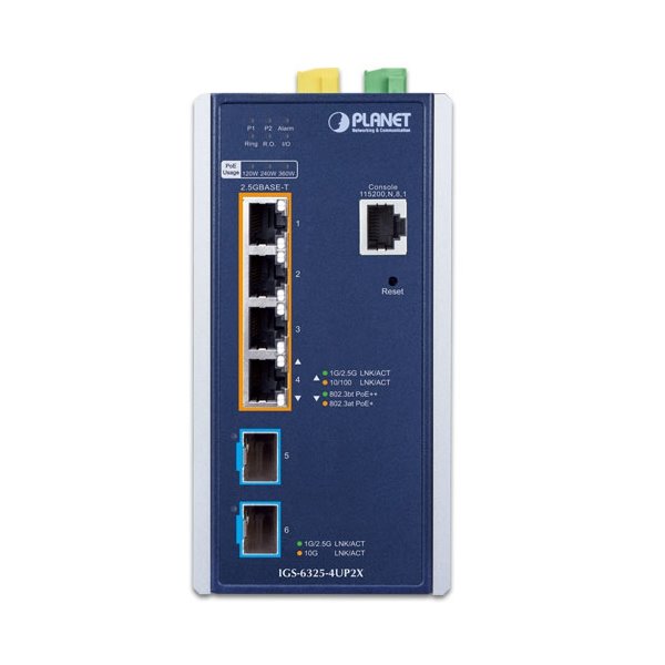 Planet IGS-6325-4UP2X průmyslový L3 switch, 4x2.5Gb, 2x10Gb SFP+, PoE 802.3bt 360W, 48-54VDC, -40~75°C, IP30, fanless