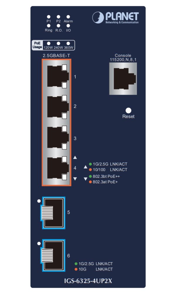 Planet IGS-6325-4UP2X průmyslový L3 switch, 4x2.5Gb, 2x10Gb SFP+, PoE 802.3bt 360W, 48-54VDC, -40~75°C, IP30, fanless