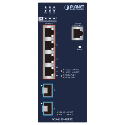 Planet IGS-6325-4UP2X průmyslový L3 switch, 4x2.5Gb, 2x10Gb SFP+, PoE 802.3bt 360W, 48-54VDC, -40~75°C, IP30, fanless