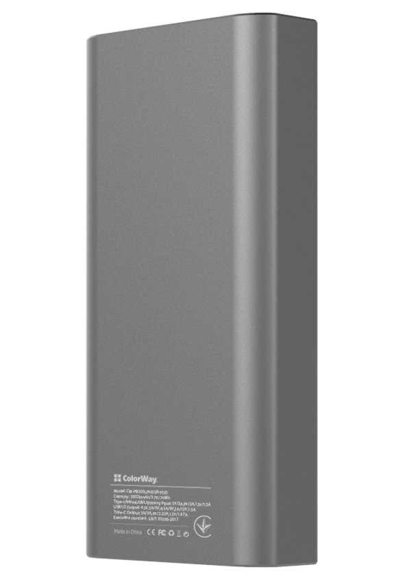 COLORWAY powerbanka/ 20 000mAh/ 2x USB QC3.0/ USB-C Power Delivery 20W/ Lighting/ LED/ Micro-USB/ Šedivá
