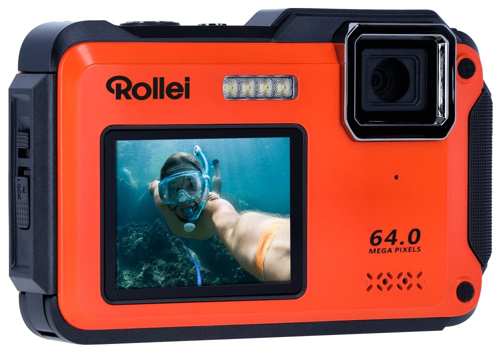 Rollei Sportsline 64 Selfie/ 64 MPix/ 16x zoom/ 2,8" LCD+ 2"LCD/ 4K video/ Voděodolný 5m/ Oranžový