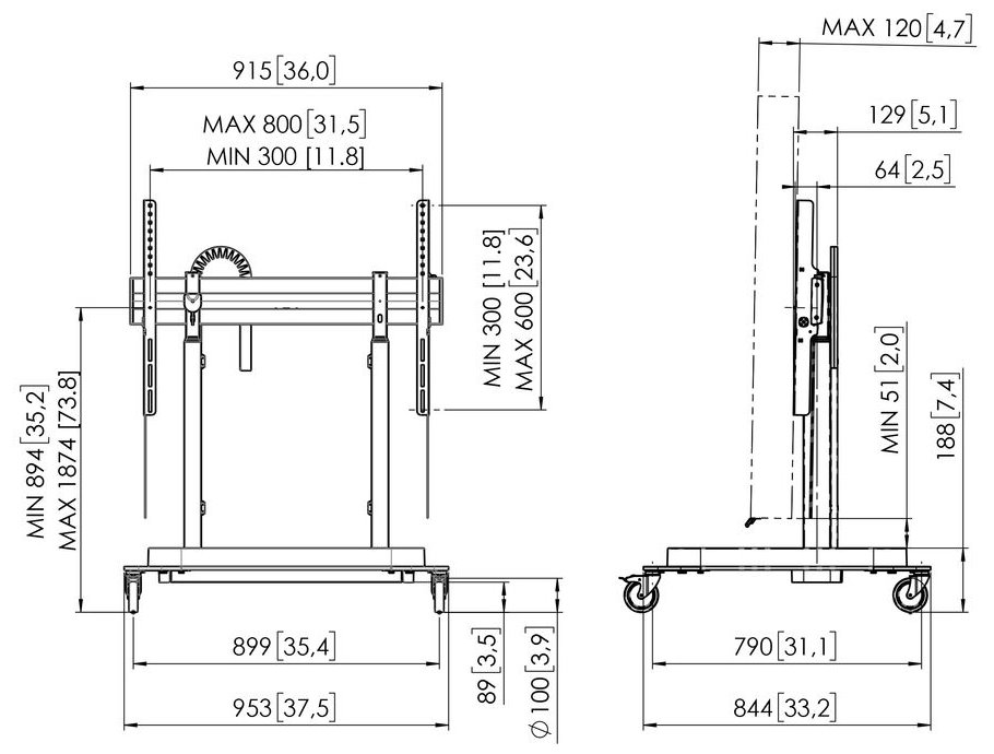 Vogels RISE Elektrický pojízdný TV lift, standardní kolečka, rychlost 80 mm/s černý