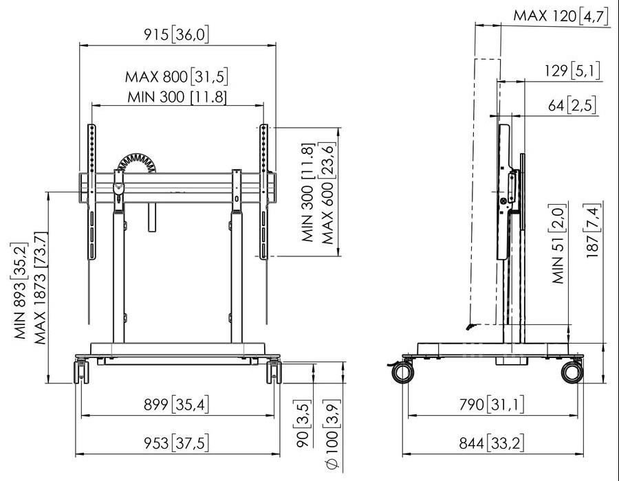 Vogels RISE Elektrický pojízdný TV lift, prémiová kolečka, rychlost 80 mm/s černý