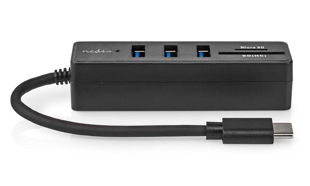 NEDIS USB hub/ zástrčka USB-C zástrčka/ 3x zásuvka USB-A/ 5 Portů/ USB 3.2 Gen 1/ 5 Gbps/ SD & MicroSD/ černý/ blistr