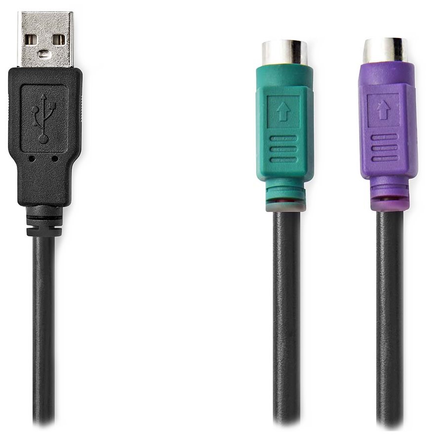 NEDIS USB 2.0 kabel 2v1/ zástrčka USB-A/ 2x zásuvka PS/2/ 480 Mbps/ poniklovaný/ kulatý/ PVC/ černý/ blistr/ 30 cm