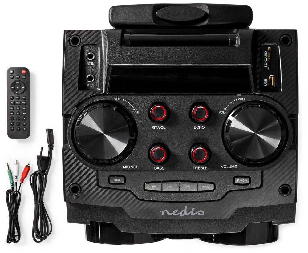 NEDIS párty reproduktor/ výkon 120 W/ Bluetooth/ doba přehrávání na baterie 6,5 hod/ držadlo/ párty osvětlení/ evkalizér