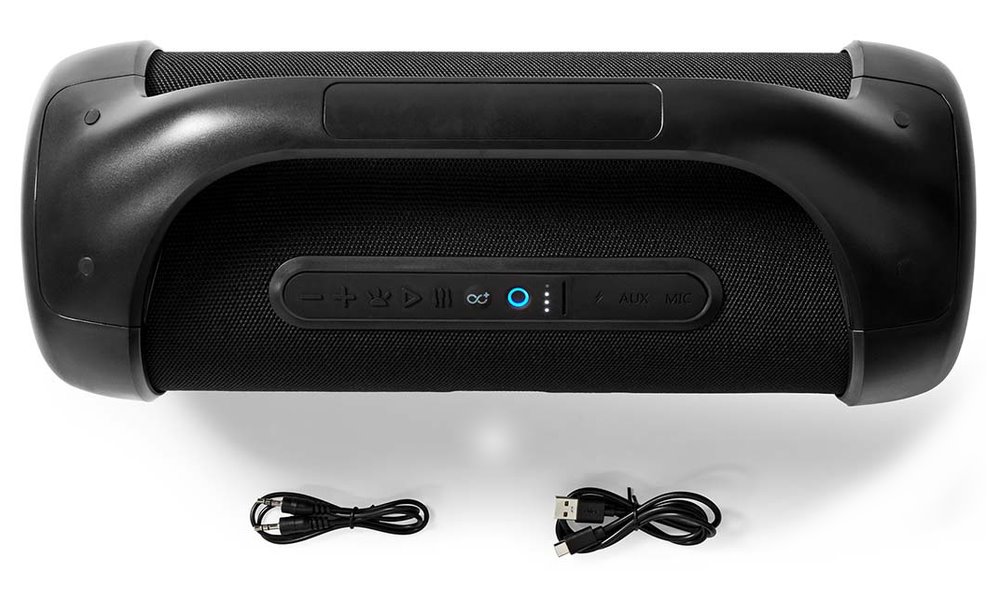 NEDIS párty reproduktor/ 2.0/ výkon 120 W/ Bluetooth 5.0/ AUX/ USB-C/ USB-A/ 3,5 mm jack/ 1x 6,35 mm/ IPX5/ ABS/ černý
