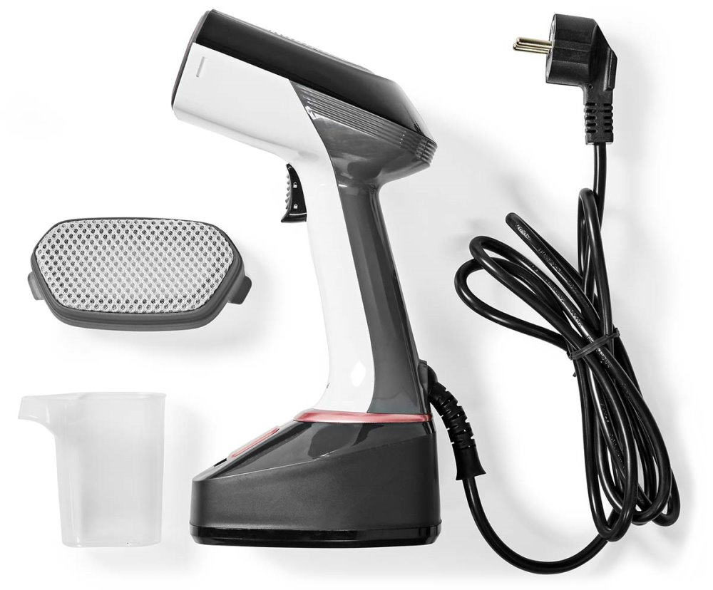NEDIS napařovač oděvů/ spotřeba 1400 W/ objem vyjímatelné nádržka na vodu 320 ml/ tlak 25 g/m/ černo-růžový
