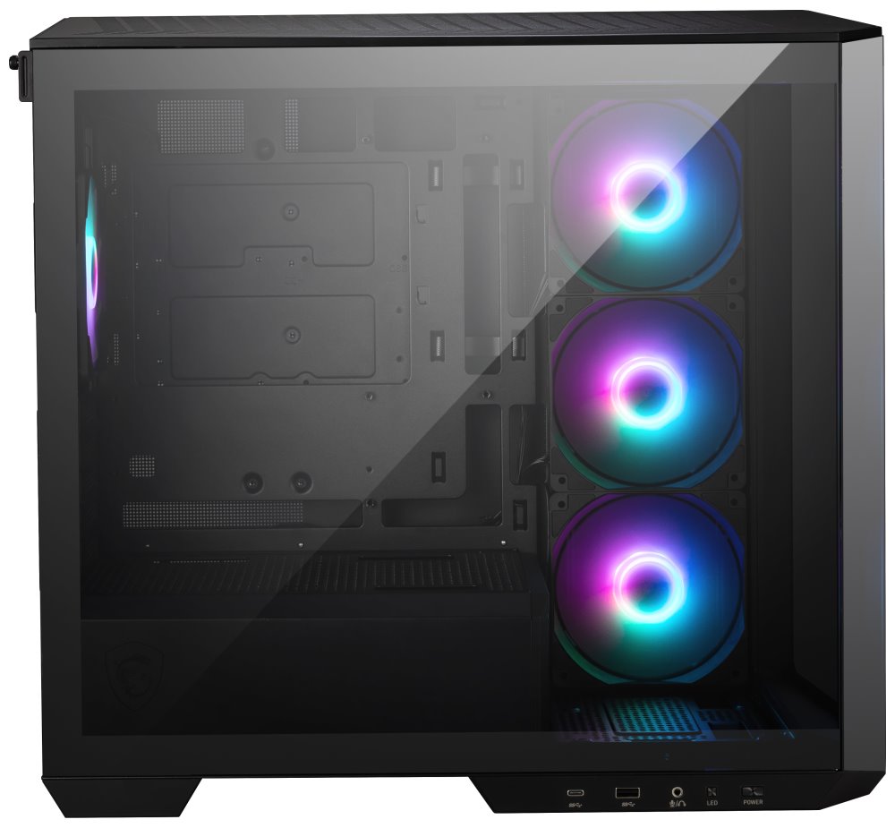MSI skříň MAG PANO M100R PZ Black/ bez zdroje/ levé a přední sklo/ 4x 120 mm A-RGB fan/ 1x USB-C/ 1x USB3.2/ černá