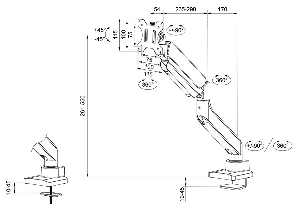 Neomounts DS70PLUS-450WH1/Držák zakřiveného displeje/na stůl/17-49"/svorka+průch./VESA 100X100/nosn.18kg/plyn.píst/1 dis