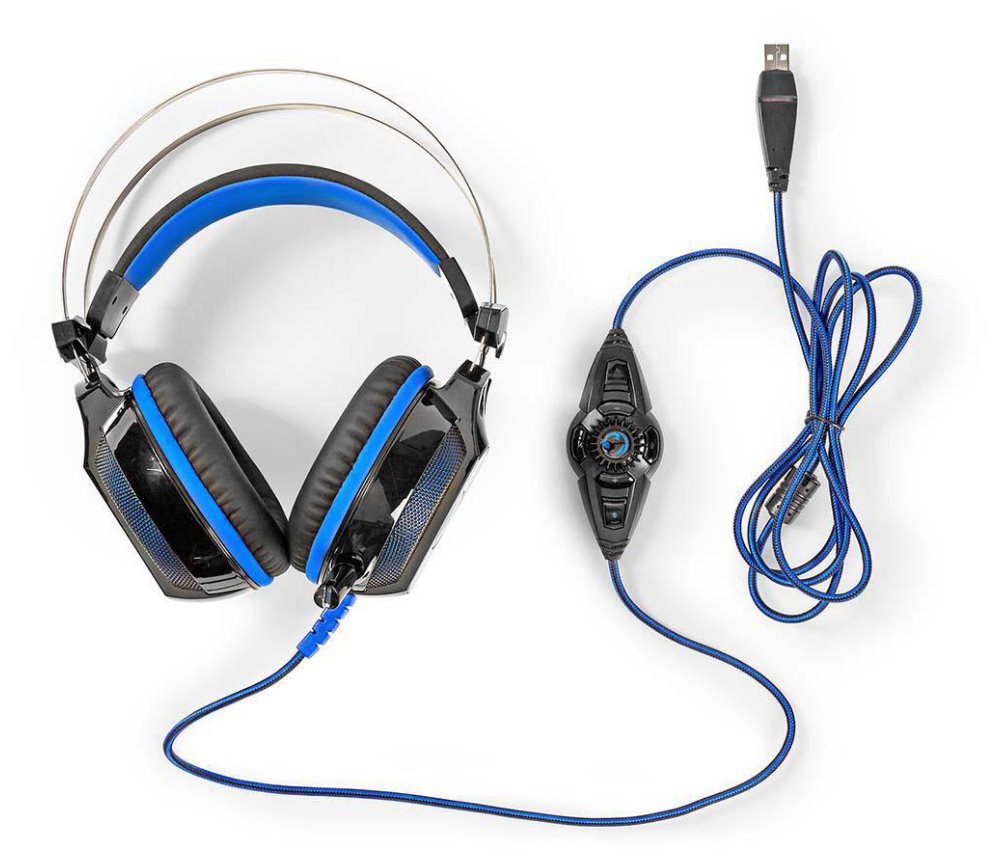 NEDIS herní headset GHST500BK/ drátová sluchátka + mikrofon/ zvuk 7.1/ LED/ USB/ kabel 2,1 m/ černo-modrý