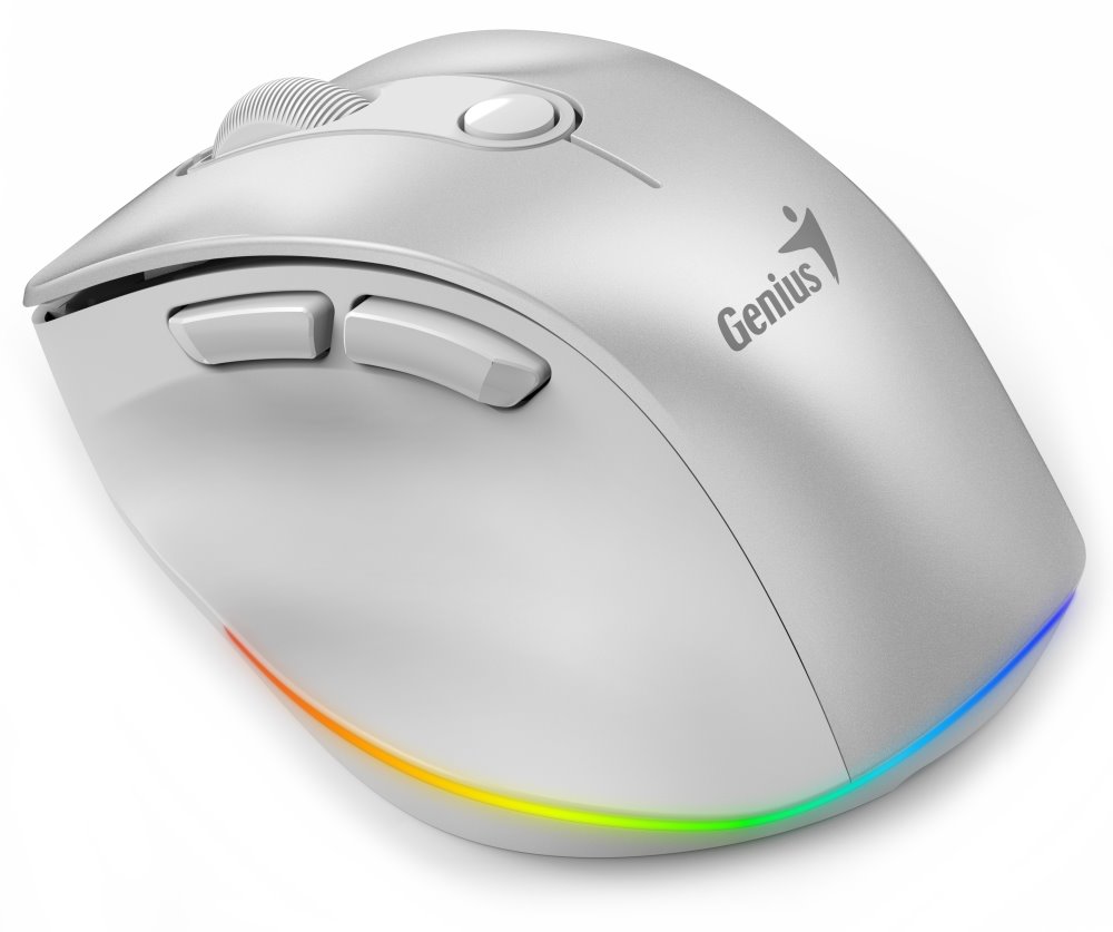 GENIUS Ergo 9000S Pro Pearl White/ duální Bluetooth + 2,4GHz/ 2400 dpi/ bezdrátová/ 6tlačítková/ dobíjecí/ RGB/ bílá