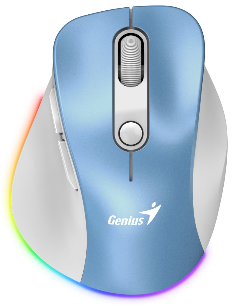 GENIUS Ergo 9000S Pro Light Blue/ duální Bluetooth + 2,4GHz/ 2400 dpi/ bezdrátová/ 6tlačítková/ dobíjecí/ RGB/ modrobílá