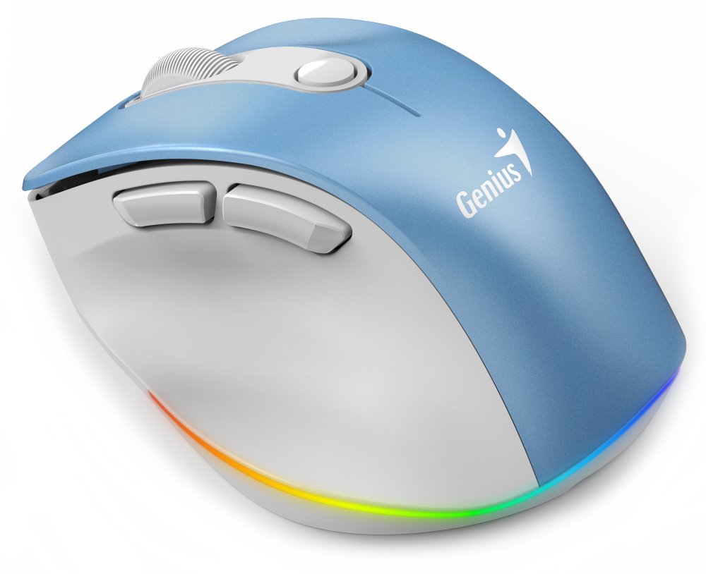 GENIUS Ergo 9000S Pro Light Blue/ duální Bluetooth + 2,4GHz/ 2400 dpi/ bezdrátová/ 6tlačítková/ dobíjecí/ RGB/ modrobílá