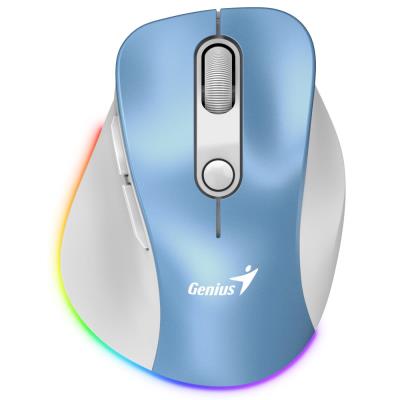 GENIUS Ergo 9000S Pro Light Blue/ duální Bluetooth + 2,4GHz/ 2400 dpi/ bezdrátová/ 6tlačítková/ dobíjecí/ RGB/ modrobílá