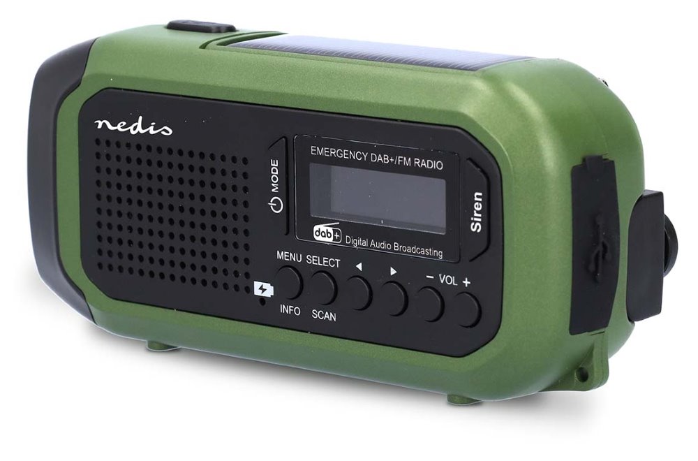 NEDIS přenosné nouzové rádio/ napájení z baterie/ z USB/ solární panel/ DAB+ / FM/ budík/ světlo/ černo-zelené