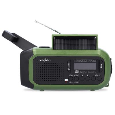 NEDIS přenosné nouzové rádio/ napájení z baterie/ z USB/ solární panel/ DAB+ / FM/ budík/ světlo/ černo-zelené