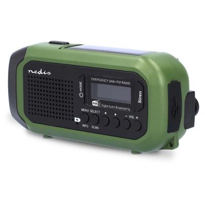 NEDIS přenosné nouzové rádio/ napájení z baterie/ z USB/ solární panel/ DAB+ / FM/ budík/ světlo/ černo-zelené