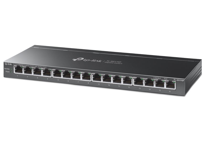 TP-Link TL-SG116P Switch 16x GLAN s POE+, 120W, kov
