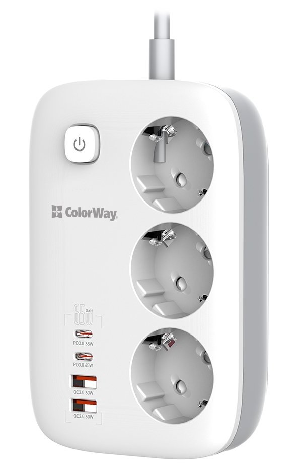 COLORWAY Prodlužovací napájecí přívod/ 3x Schuko/ 2x USB-A 60W/ 2x USB-C 65W/ kabel 2m
