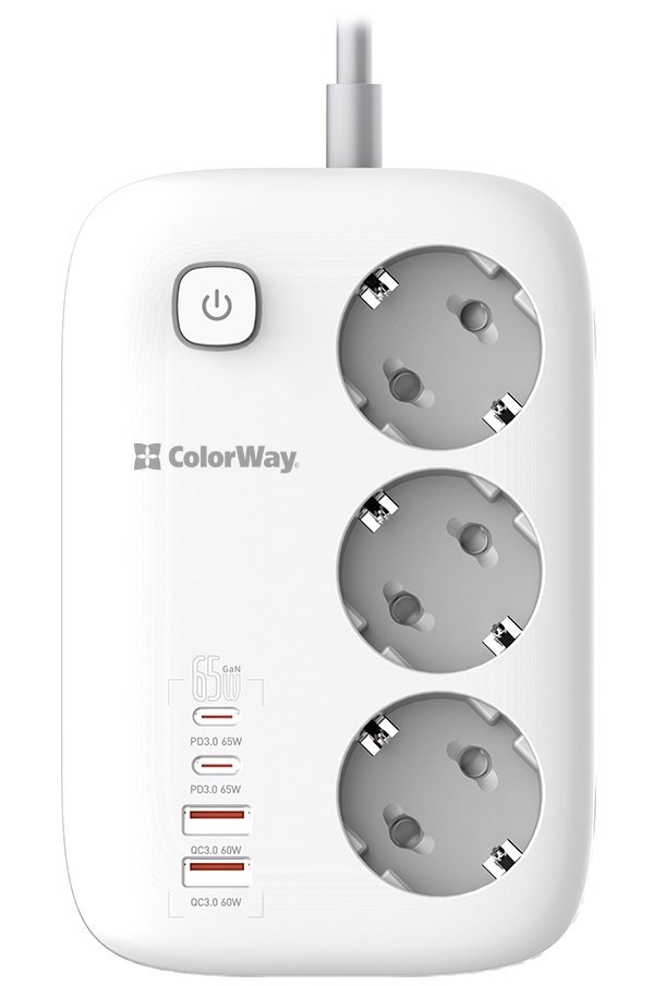 COLORWAY Prodlužovací napájecí přívod/ 3x Schuko/ 2x USB-A 60W/ 2x USB-C 65W/ kabel 2m