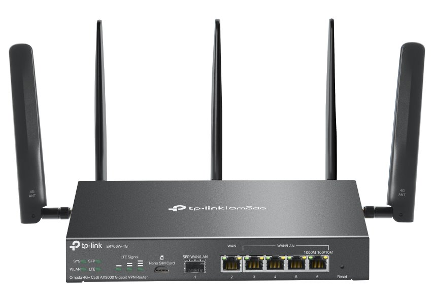 TP-Link ER706W-4G Omada VPN Router, 1x Nano SIM slot (4G+ Cat6), WiFi 6 2402 Mbps  5GHz + 574 Mbps  2.4GHz, 1x SFP GWAN/