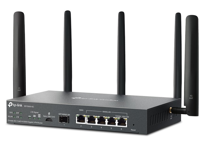 TP-Link ER706W-4G Omada VPN Router, 1x Nano SIM slot (4G+ Cat6), WiFi 6 2402 Mbps  5GHz + 574 Mbps  2.4GHz, 1x SFP GWAN/