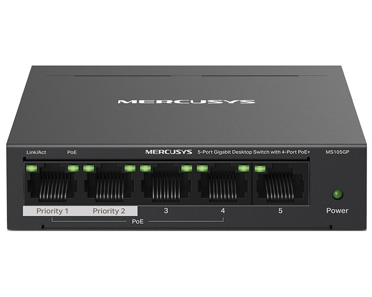 TP-Link Mercusys MS105GP Switch 5-Port, 4× Gigabit PoE+, 1× GLAN, 802.3af/at, 65 W