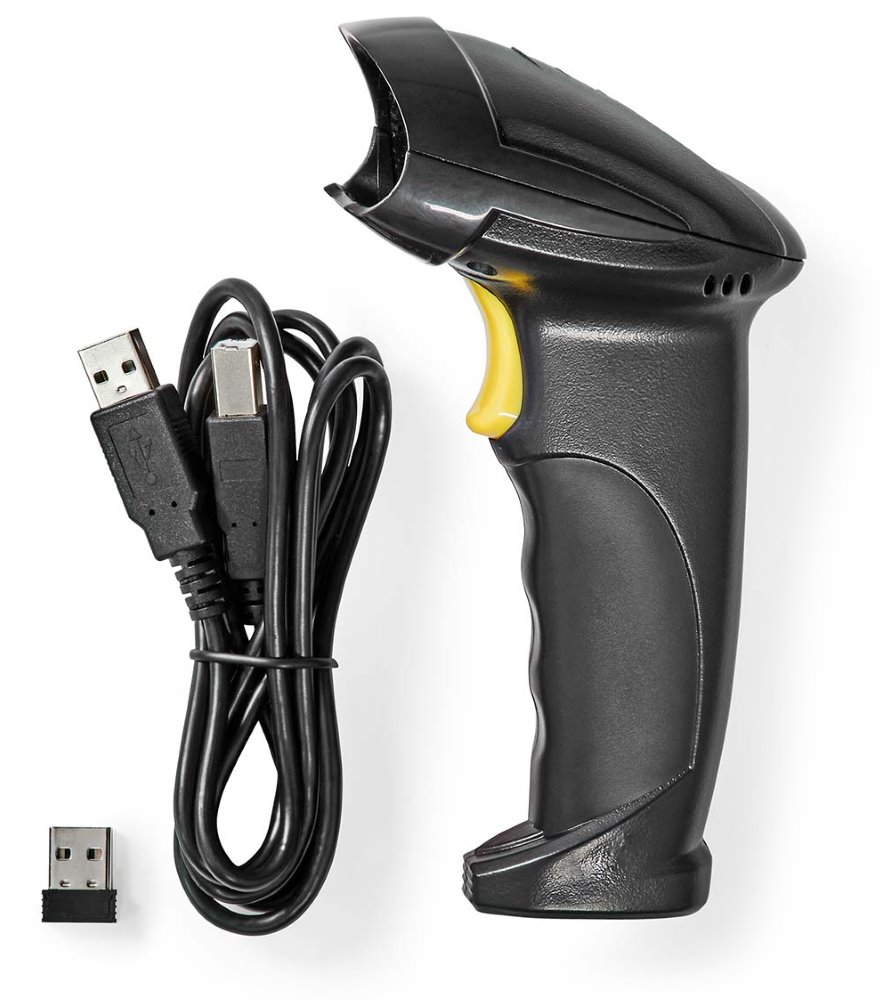NEDIS čtečka čárových kódů/ laser/ bezdrátová/ 1D lineární/ napájení z baterie/ napájení z USB/ USB dongle/ černá
