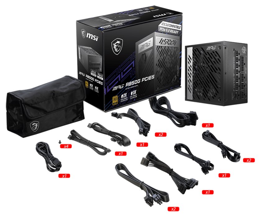 MSI zdroj MPG A850G PCIE5/ 850W/ ATX3.1/ akt. PFC/ 10 let záruka/ 135mm ventilátor/ plně modulární/ 80PLUS Gold