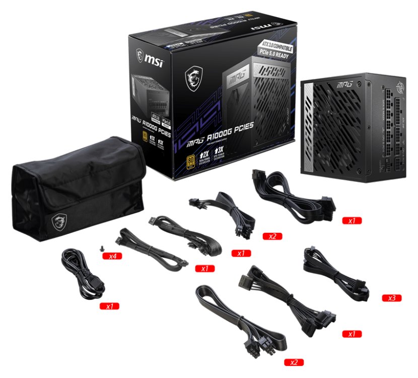 MSI zdroj MPG A1000G PCIE5/ 1000W/ ATX3.1/ akt. PFC/ 10 let záruka/ 135mm ventilátor/ plně modulární/ 80PLUS Gold