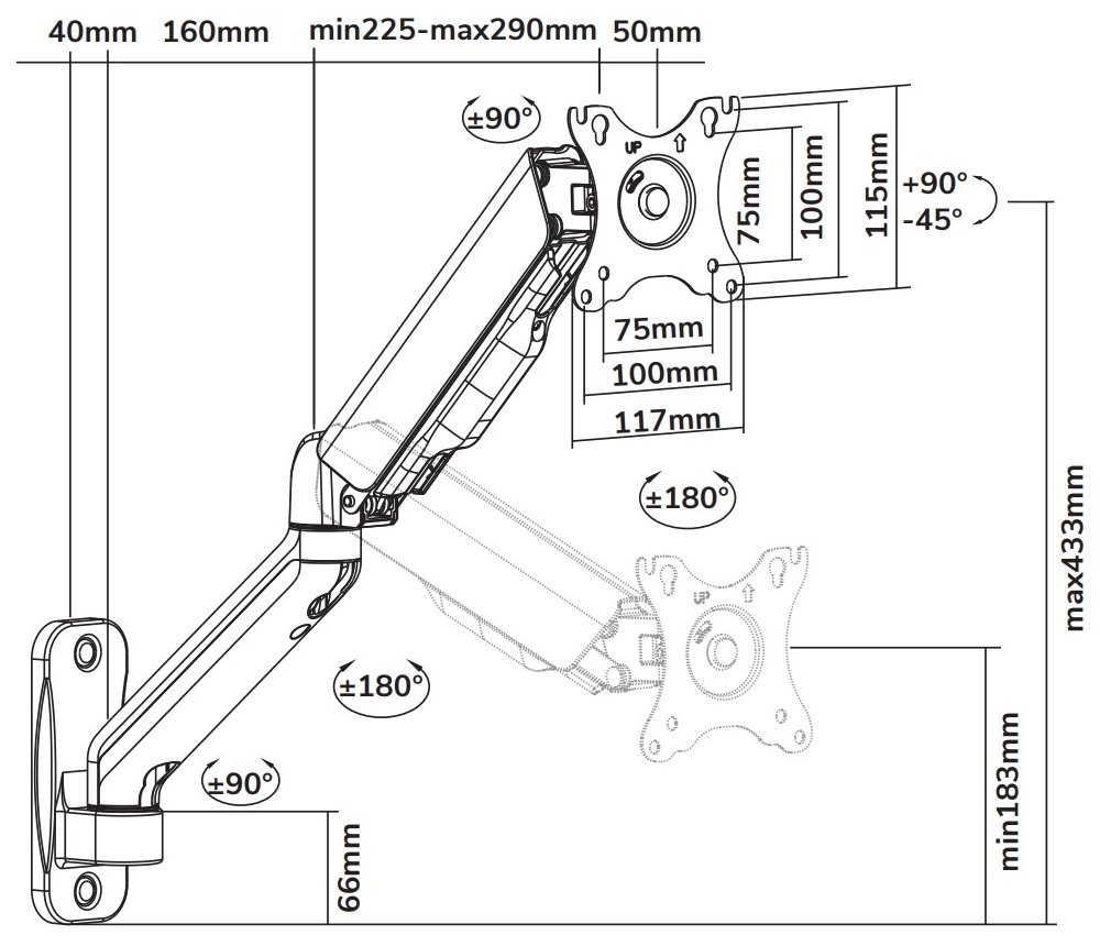 Neomounts  WL70-450BL11/Držák displeje/na stěnu/17-32"/sklopný/rotace/plynový píst/3 čepy/VESA 100X100/nosn. 9kg/černý