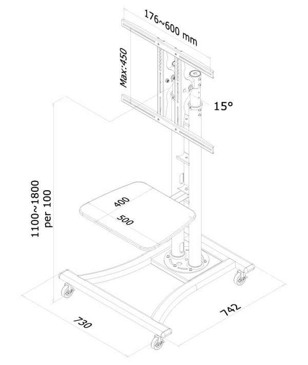 Neomounts PLASMA-M1800E / Mobile Flat Screen Floor Stand (height: 110-180 cm) / Silver