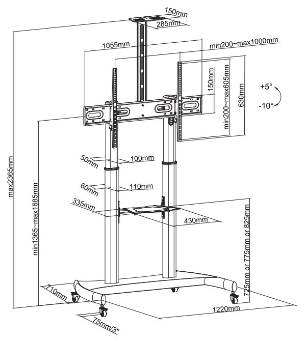 Neomounts PLASMA-M1950E / Mobile Flat Screen Floor Stand (height: 134-166 cm) / Black