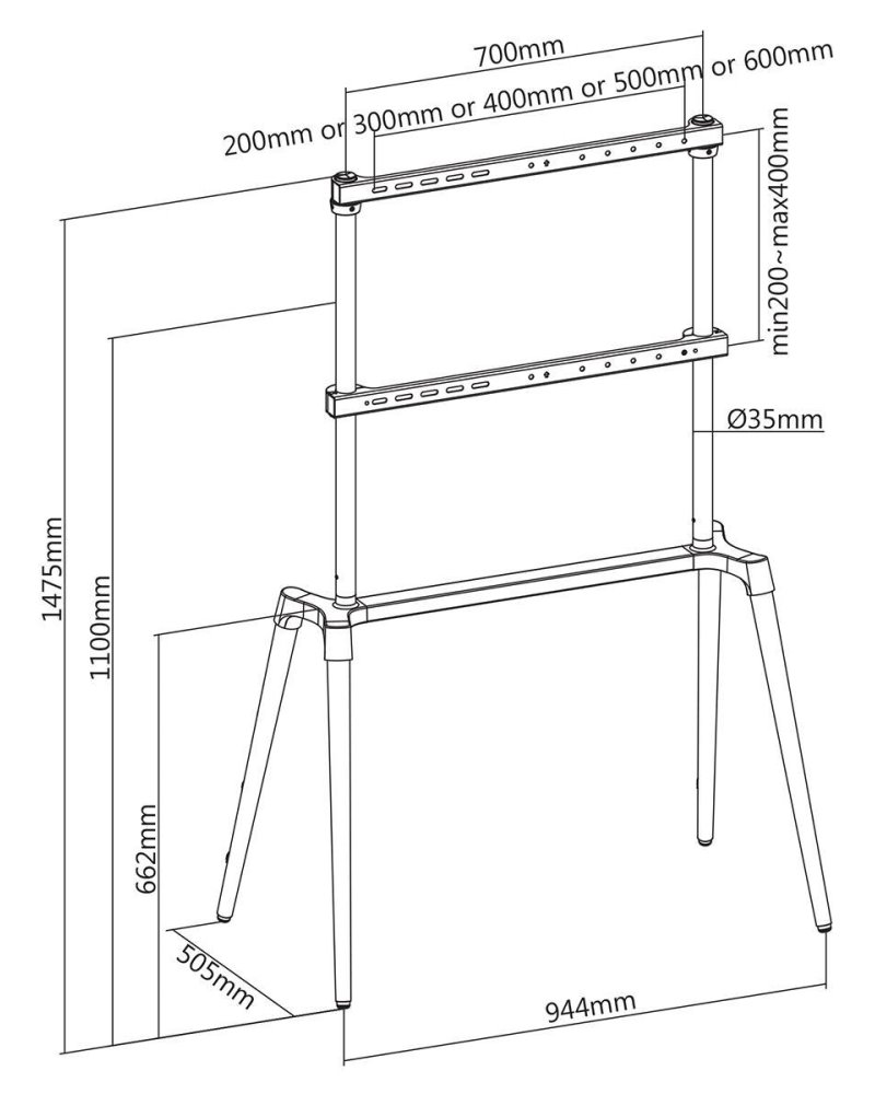 NEDIS podlahový TV stojan/ 60 - 75"/ 40 kg/ Skandinávské Provedení/ Protiskluzový popruh/ Snap-lock/ černý