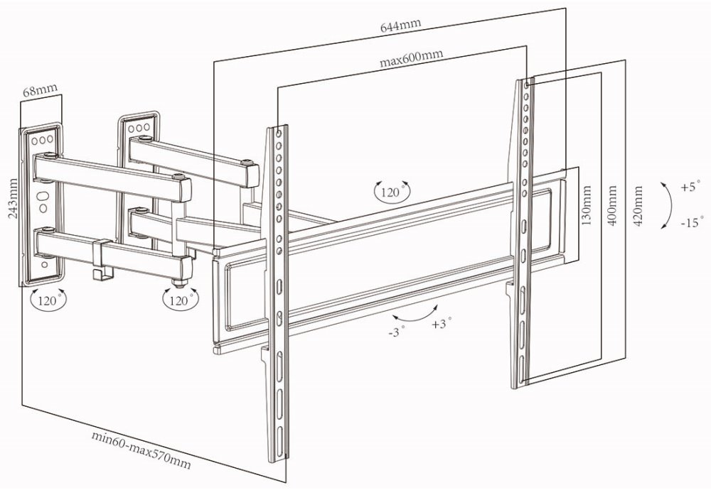 NEDIS nástěnný držák na TV/ 32 - 70"/ nosnost 40 kg/ naklápěcí/ otočný/ 80 mm - 520 mm/ 3 otočné body/ ocel/ černý