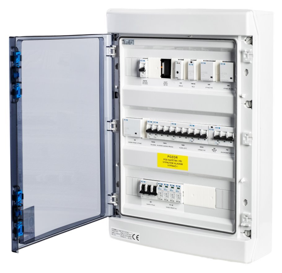 Solarmi AC40 osazený rozvaděč pro fotovoltaiku, jističe, chránič, 10kW 3f, plný automatický backup, 40A