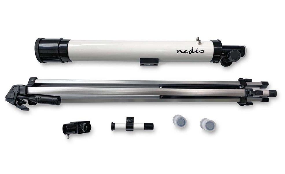 NEDIS teleskop SCTE5060WT/ clona 50 mm/ ohnisková vzdálenost 600 mm/ hledáček 5 x 24/ výška 125 cm/ Tripod/ bílo-černý
