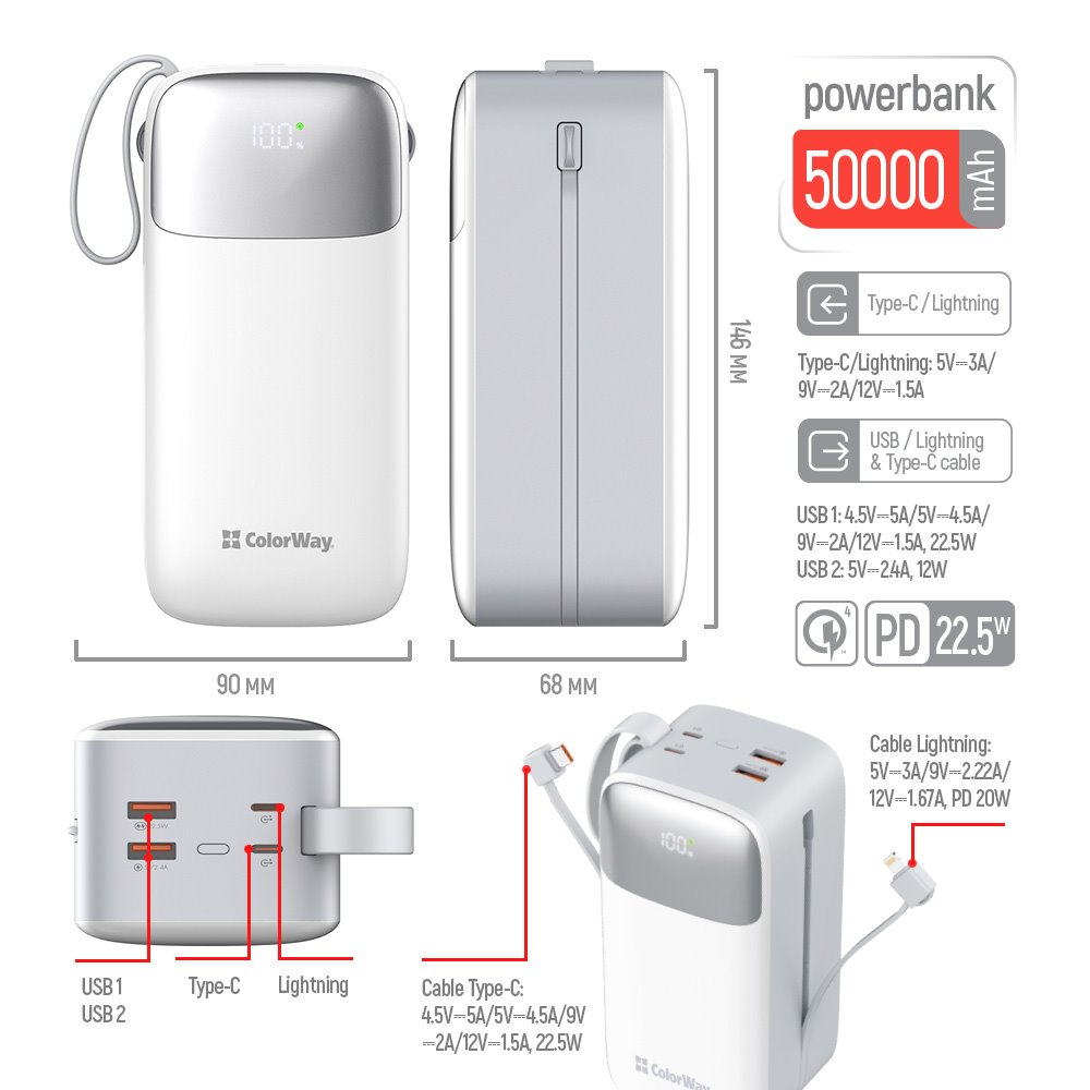 COLORWAY powerbanka/ 50 000mAh/ 1x USB QC3.0/ USB-C/ Lightning/ 22,5W/ Bílá