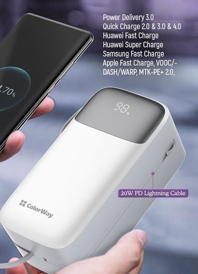 COLORWAY powerbanka/ 50 000mAh/ 1x USB QC3.0/ USB-C/ Lightning/ 22,5W/ Bílá