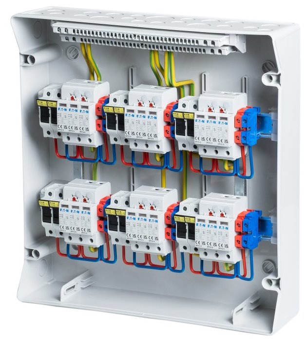 Solarmi DC6 osazený rozvaděč pro fotovoltaiku, 6x svodič, 6x odpojovač, pojistky