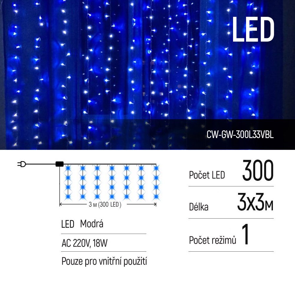 COLORWAY LED girlanda/ vnitřní / 300 LED / délka 3 x 3m / modrá/ AC 220V