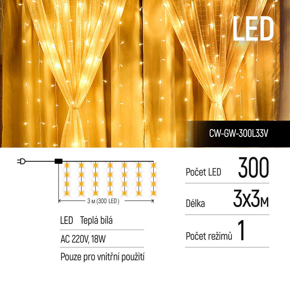 COLORWAY LED girlanda/ vnitřní / 300 LED / délka 3 x 3m / teplá bílá/ AC 220V