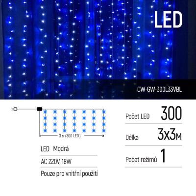 COLORWAY LED girlanda/ vnitřní / 300 LED / délka 3 x 3m / modrá/ AC 220V