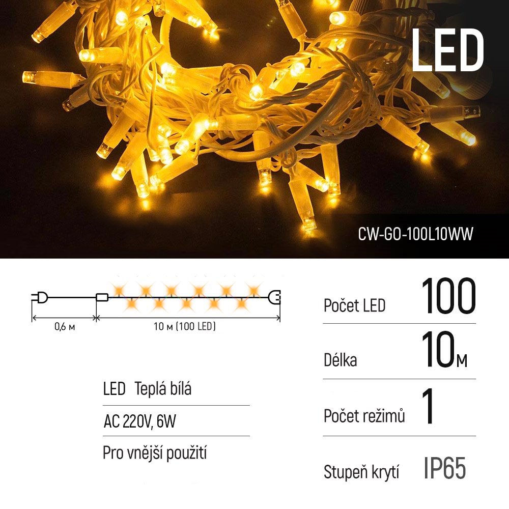 COLORWAY LED řetěz/ IP65 / 100 LED / délka 10m / teplá bílá/ napájení AC, 220V, 6W