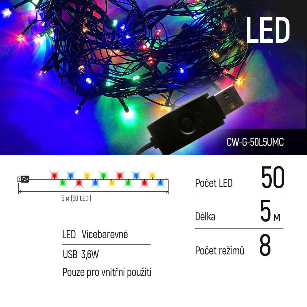 COLORWAY LED řetěz/ vnitřní / 50 LED / délka 5m / více barevný/ 8 funkcí/ napájení USB
