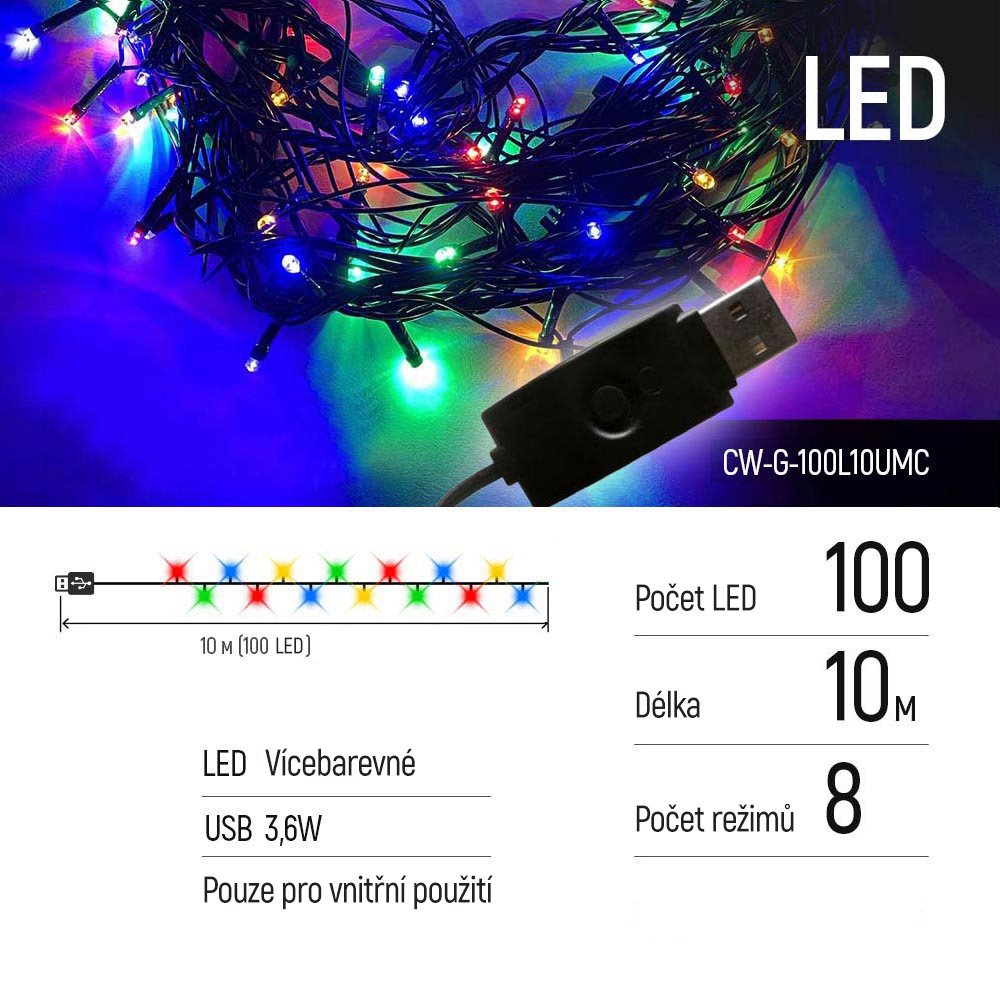 COLORWAY LED řetěz/ vnitřní / 100 LED / délka 10m / více barevný/ 8 funkcí/ napájení USB