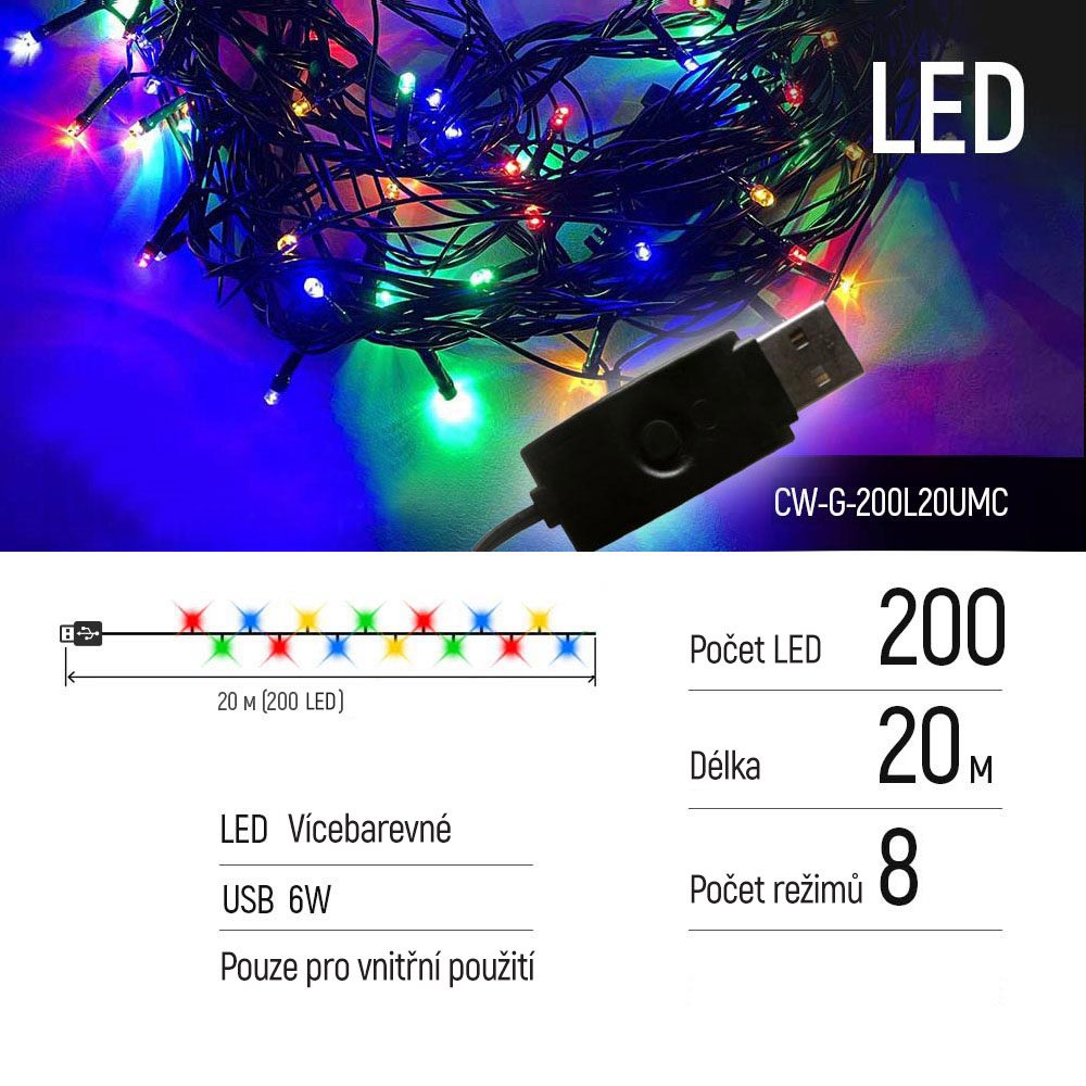 COLORWAY LED řetěz/ vnitřní / 200 LED / délka 20m / více barevný / 8 funkcí/ napájení USB