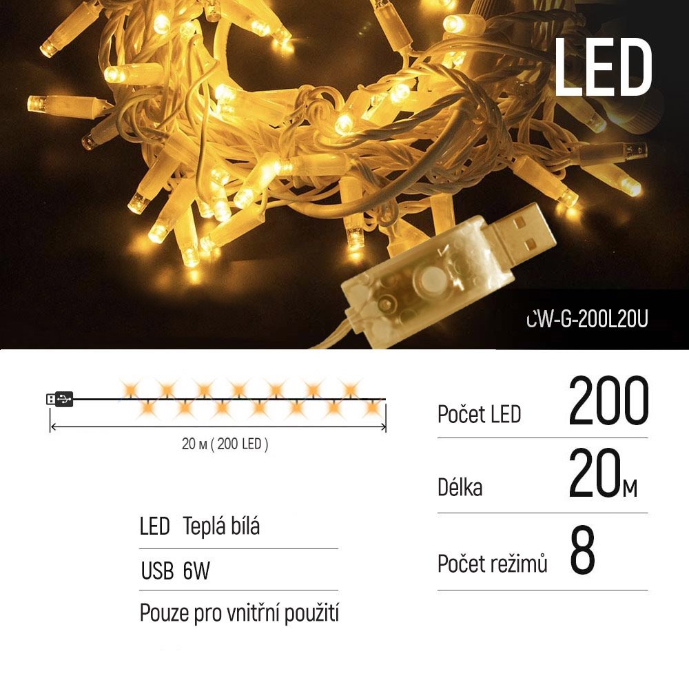 COLORWAY LED řetěz/ vnitřní / 200 LED / délka 20m / teplá bílá/ 8 funkcí/ napájení USB