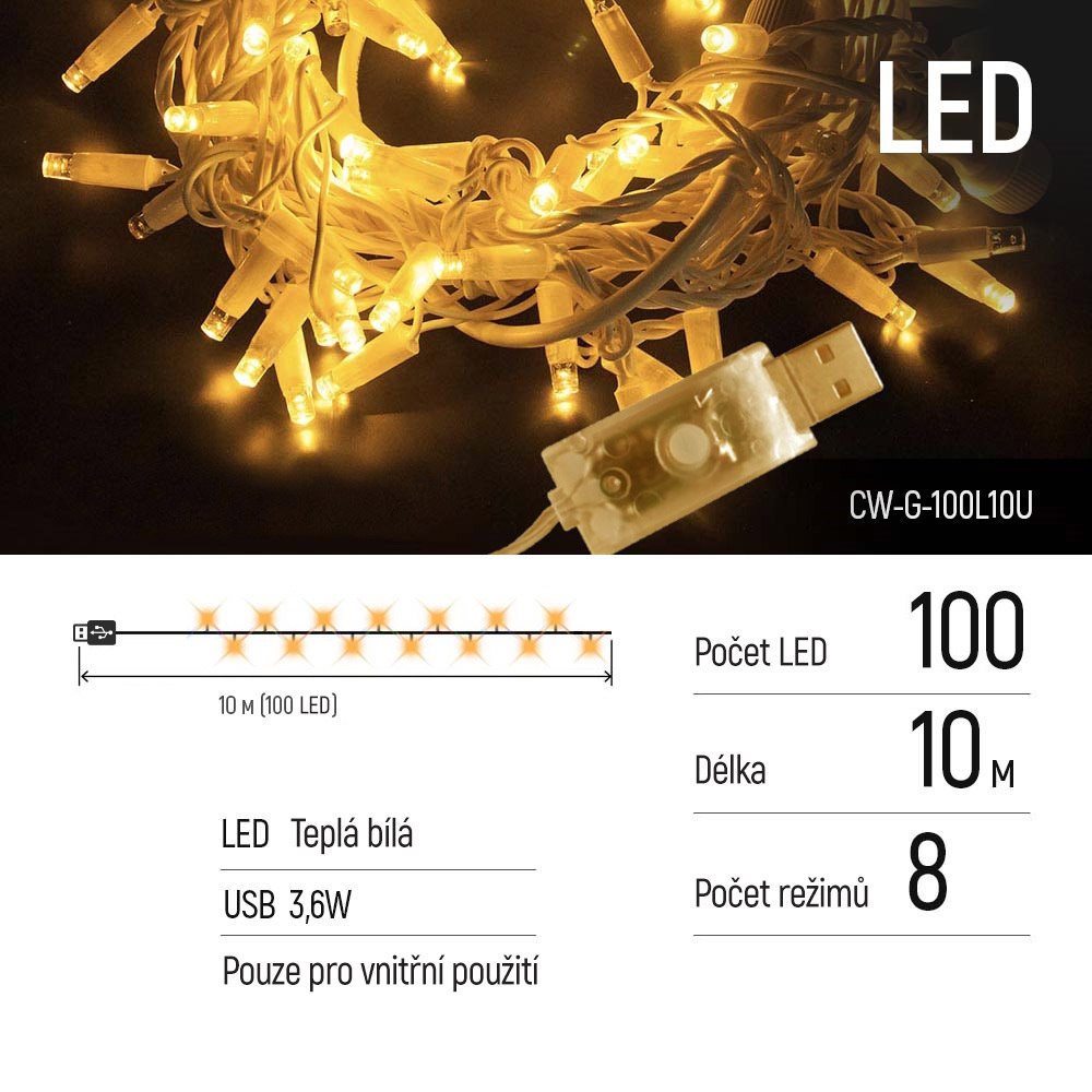 COLORWAY LED řetěz/ vnitřní / 100 LED / délka 10m / teplá bílá/ 8 funkcí/ napájení USB